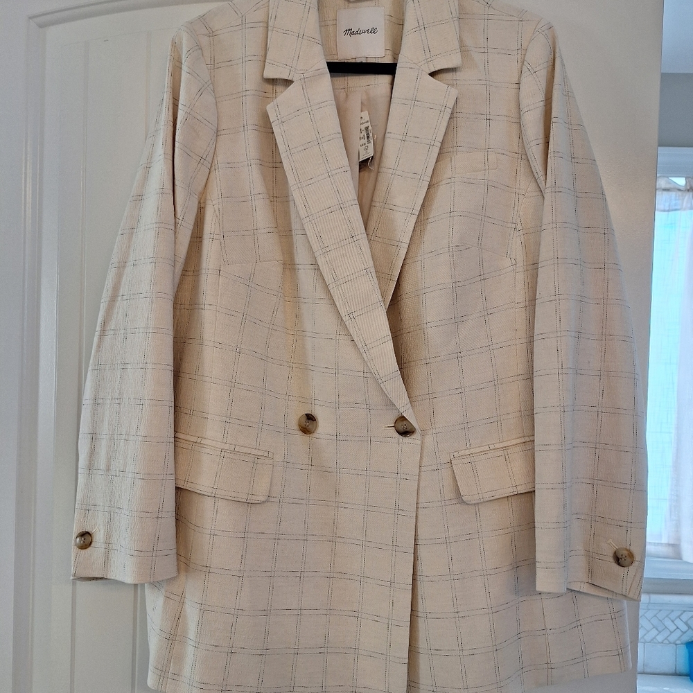 MADEWELL WOMENS BLAZER 1X NEW WITH TAGS, BEIGE BLACK PINSTRIPE